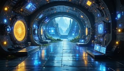 Futuristic digital vaults and gaming ecosystem illustration Futuristic digital vaults and gaming ecosystem illustration
